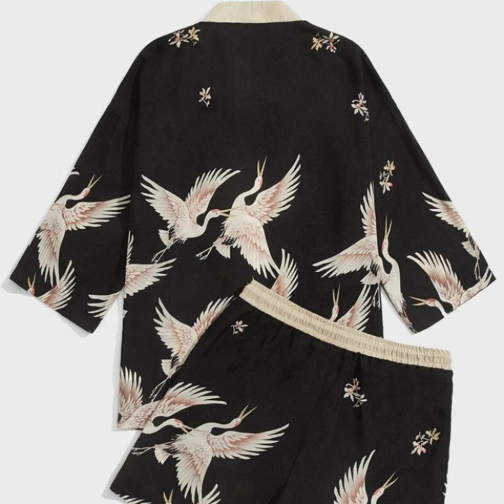 Casual Men's Crane Print Shirt & Set - Picture 2 of 6